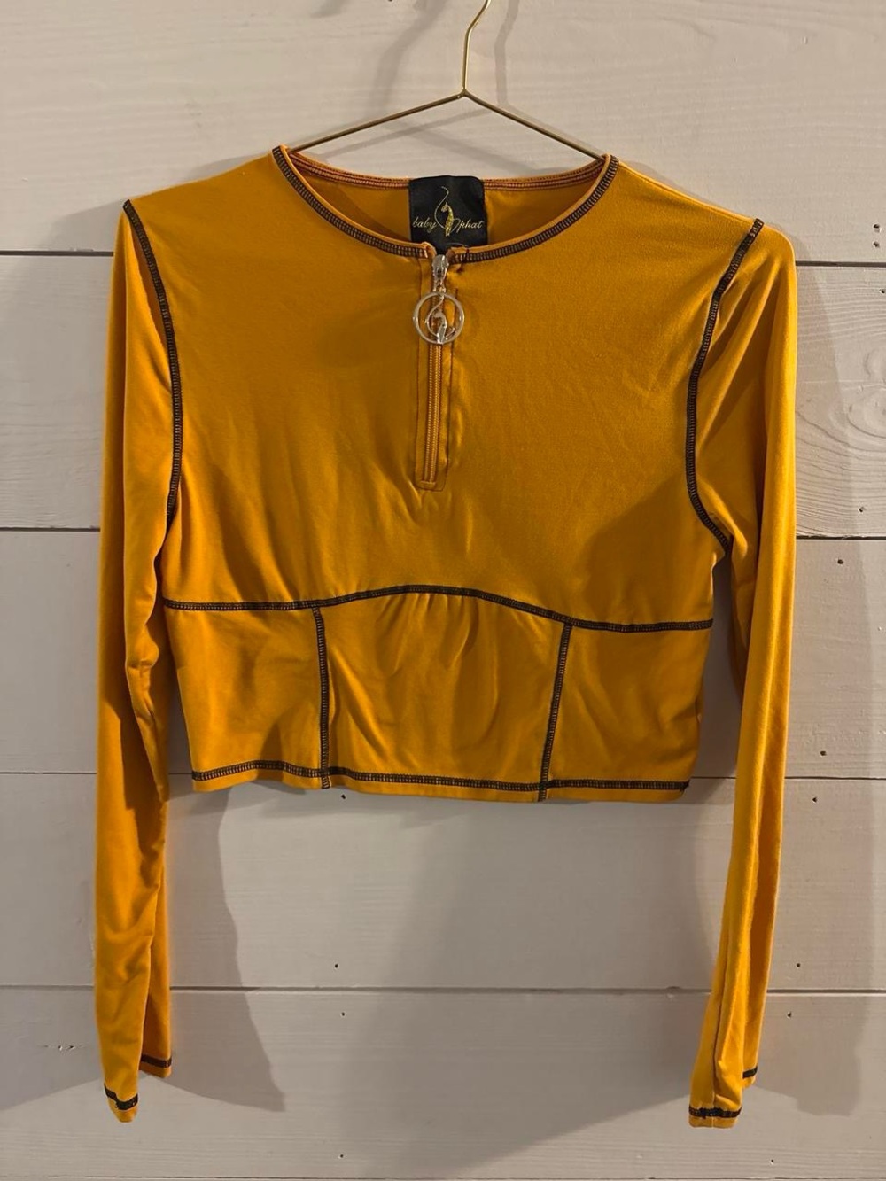 Baby Phat Mustard Long-Sleeve Cropped Top with Contrast Stitching